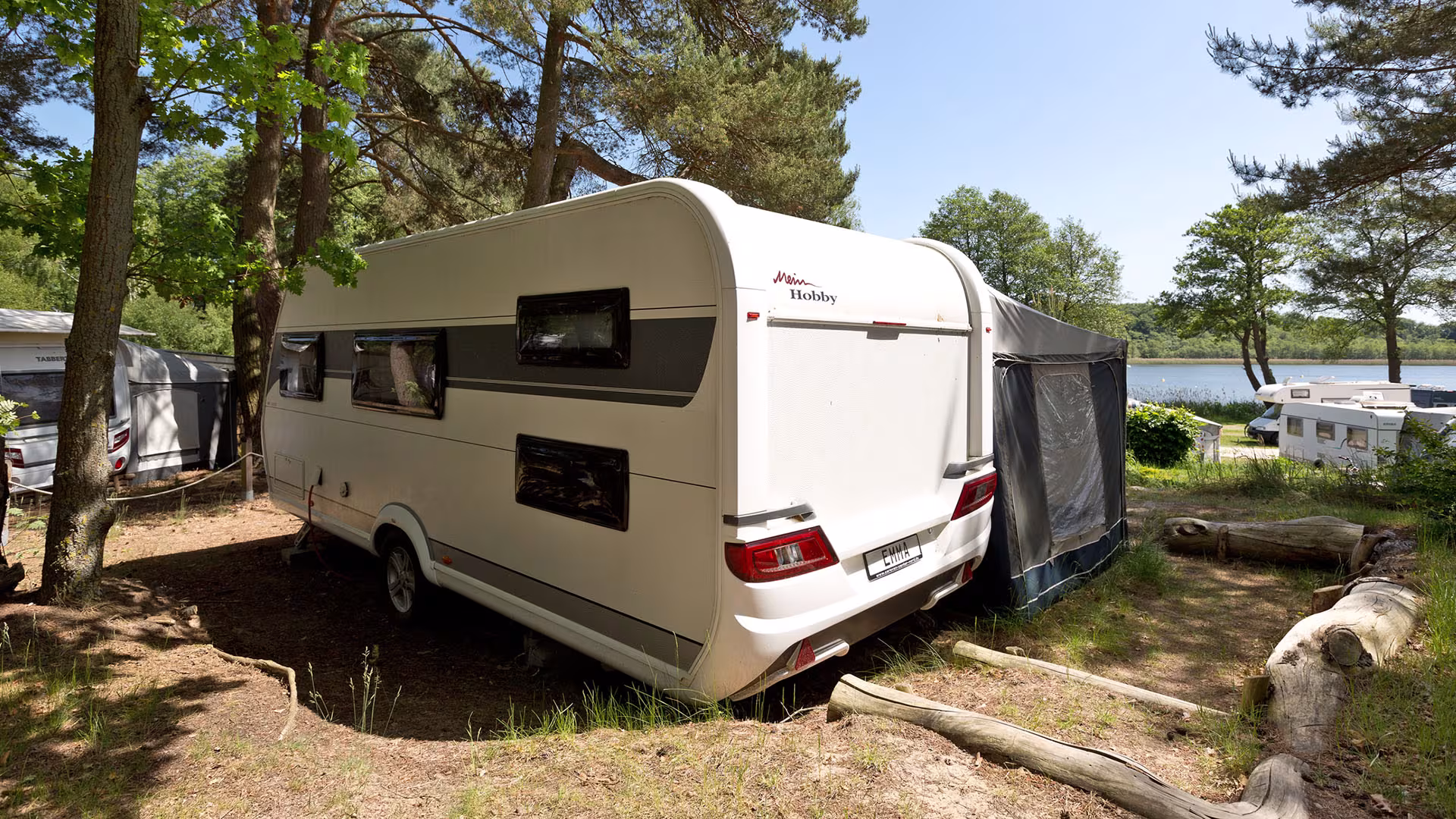 Karavan na místě pod borovicemi