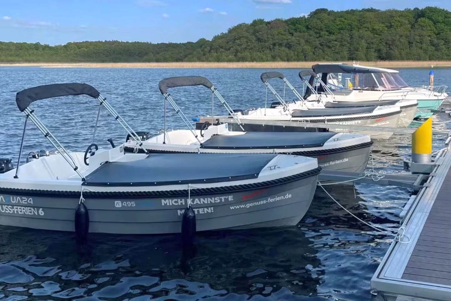 Mietboote am Steg im Hafen an der Müritz in Jabel