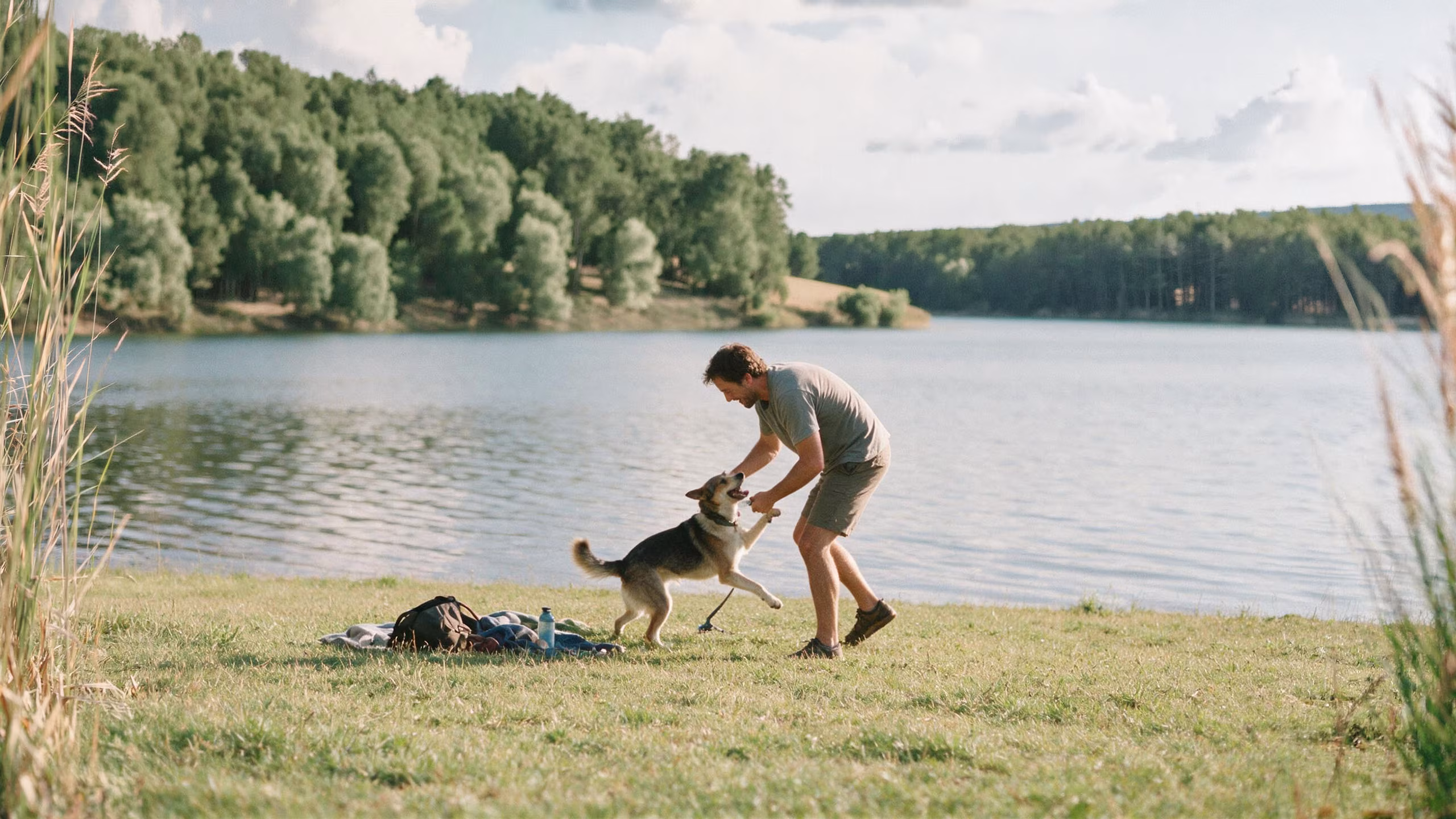 Mann spielt mit Hund am Ufer des Jabelschen Sees an der Müritz in Jabel