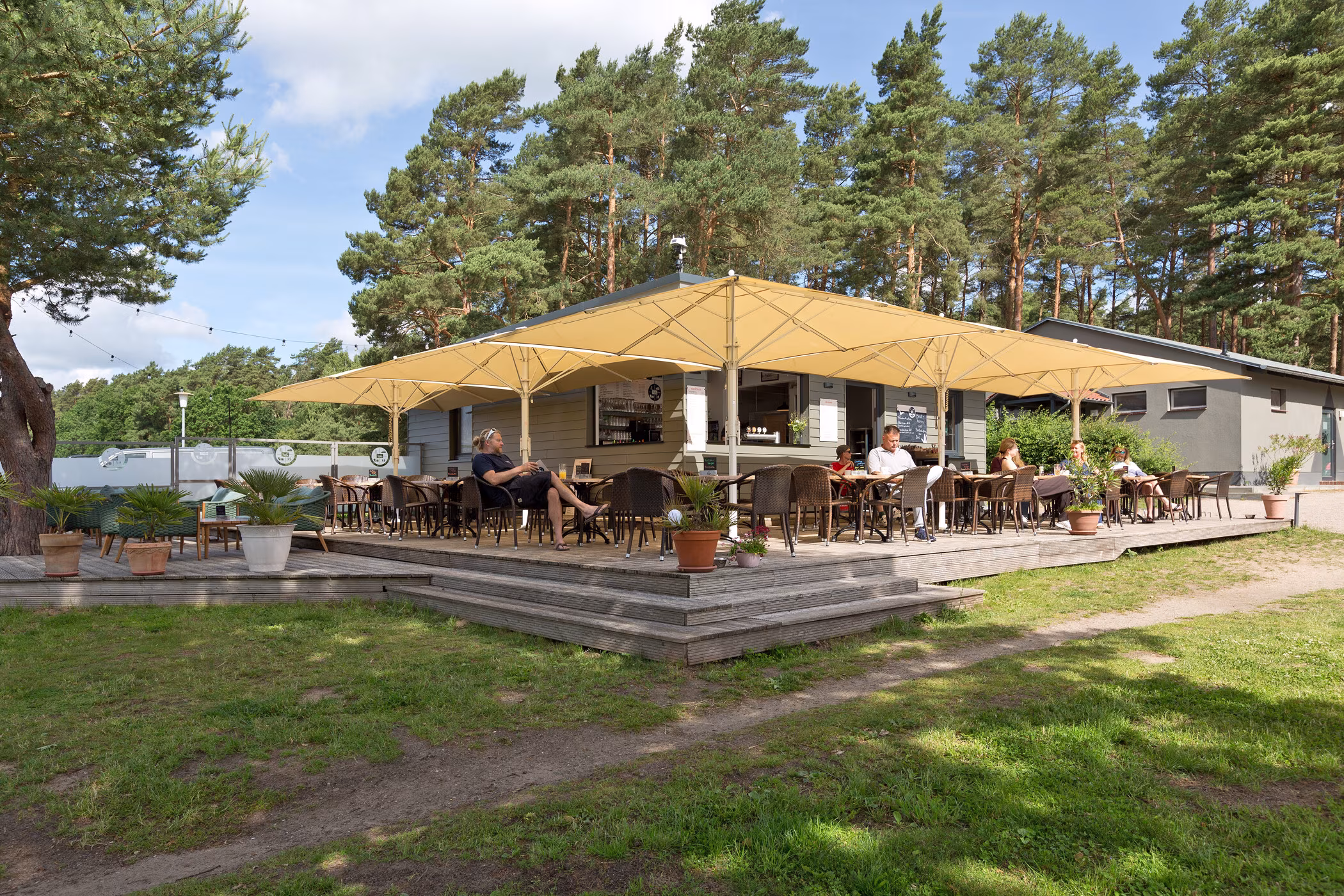 Gäste auf der Sonnenterrasse des Restaurants unter großen Sonnenschirmen zwischen Kiefern