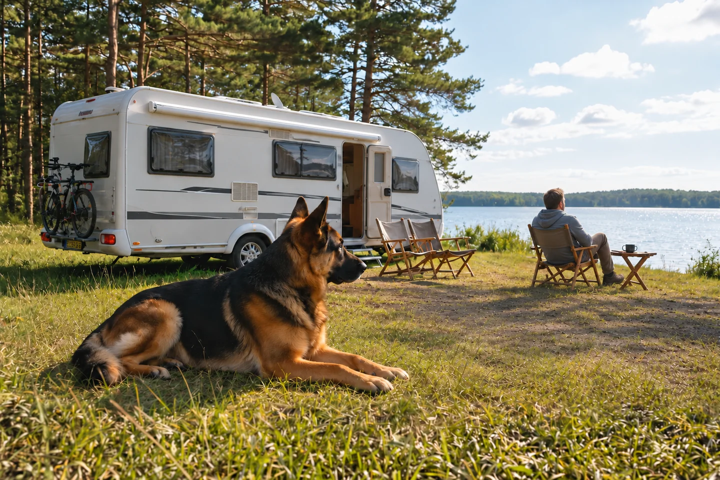 Caravane et chien sur un emplacement au bord du lac de Jabel, à Jabel